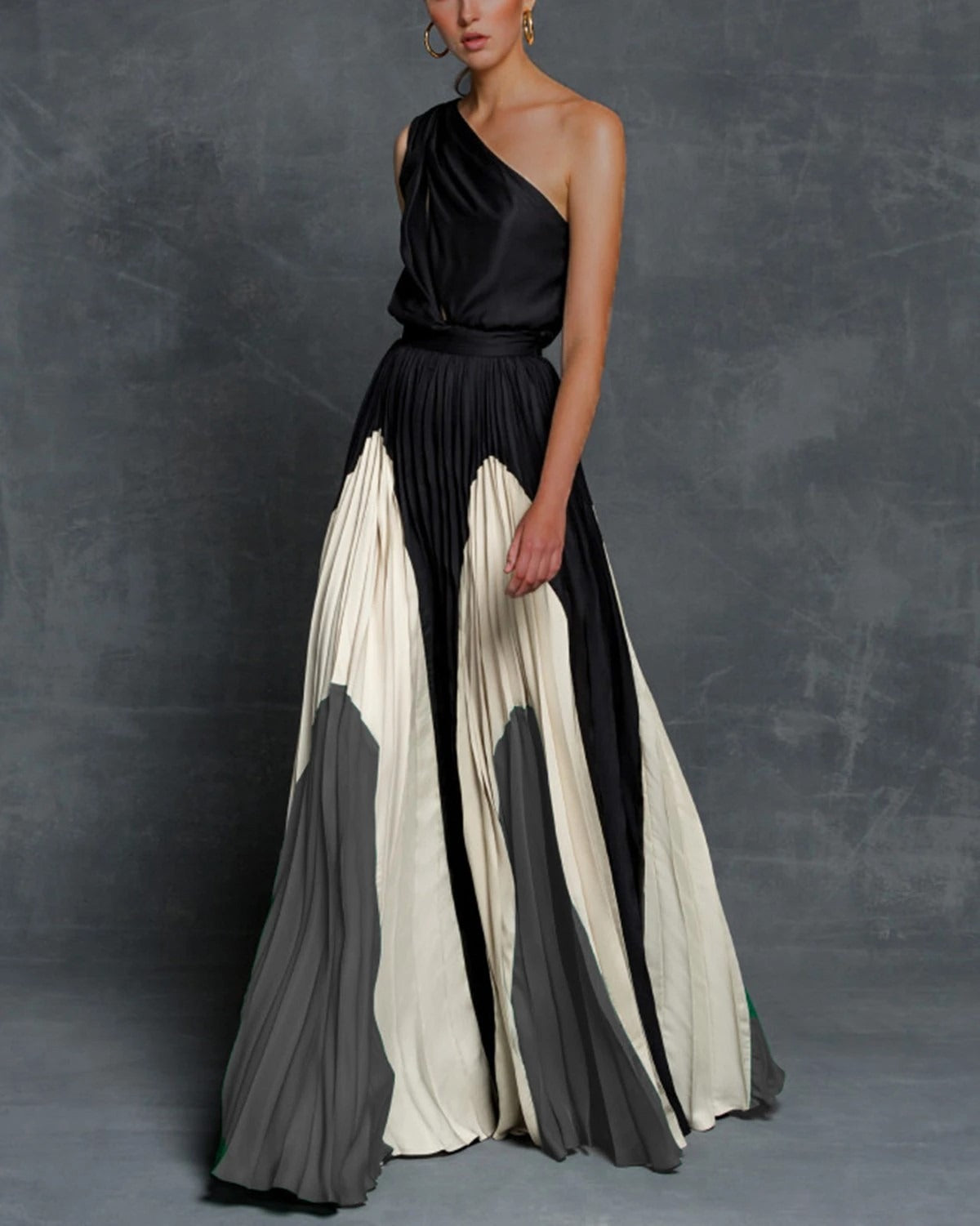 Ariella's One-Shoulder Pleated Maxi Dress with Colourblock Elegance
