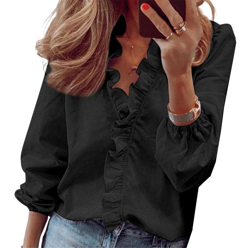 Glecy's Ruffled Long Sleeve Blouse with Button-Down Front