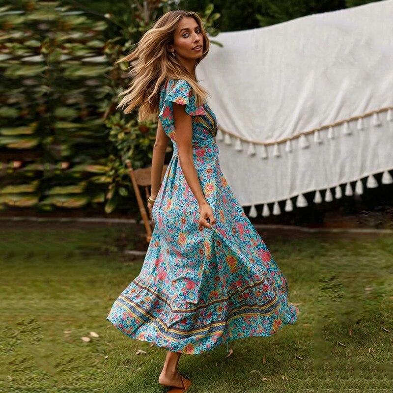 Cali's Asymmetrical Bohemian Long Dress with Cut-Out and V-Neck