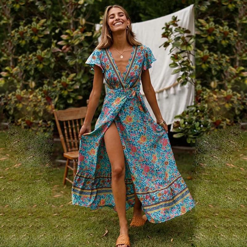 Cali's Asymmetrical Bohemian Long Dress with Cut-Out and V-Neck