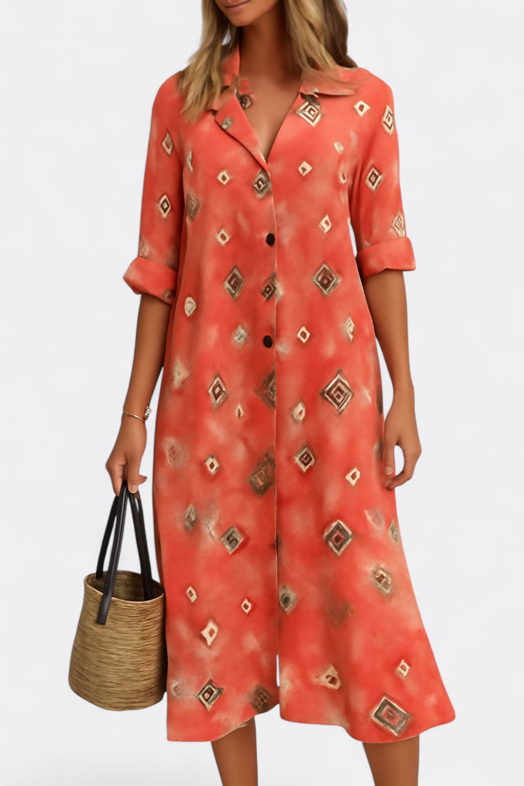 Celia’s Maxi Shirt Dress with V-Neckline and Patchwork Print