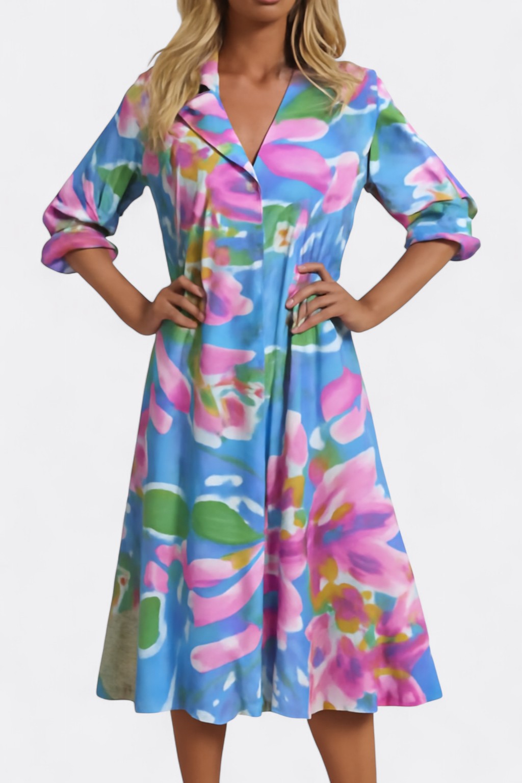 Celia’s Maxi Shirt Dress with V-Neckline and Patchwork Print