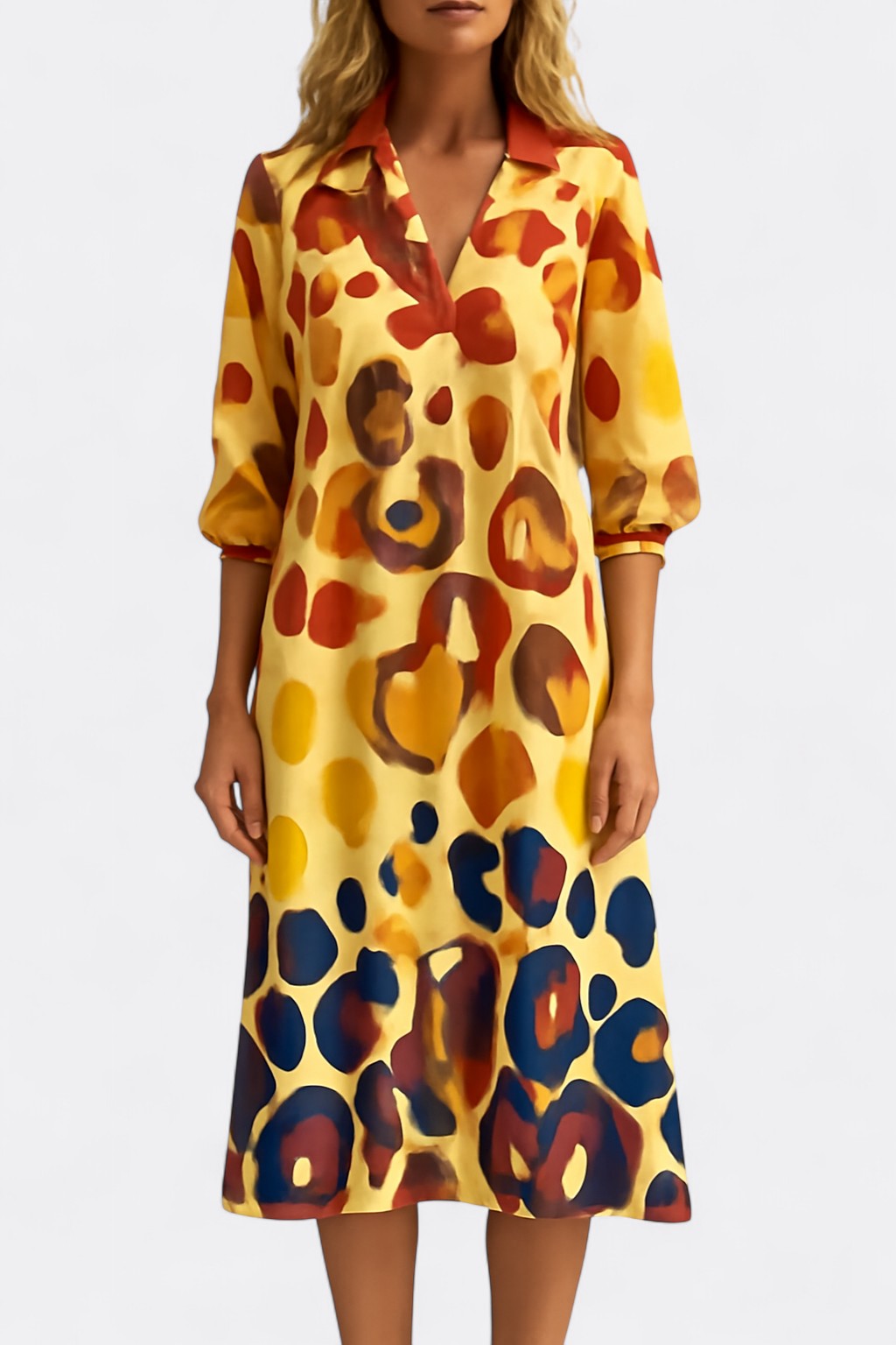 Celia’s Maxi Shirt Dress with V-Neckline and Patchwork Print