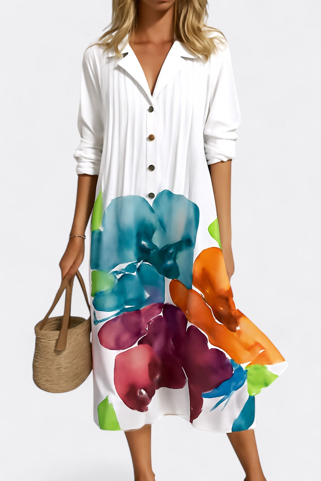 Celia’s Maxi Shirt Dress with V-Neckline and Patchwork Print