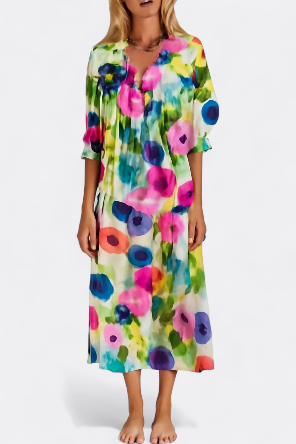 Celia’s Maxi Shirt Dress with V-Neckline and Patchwork Print
