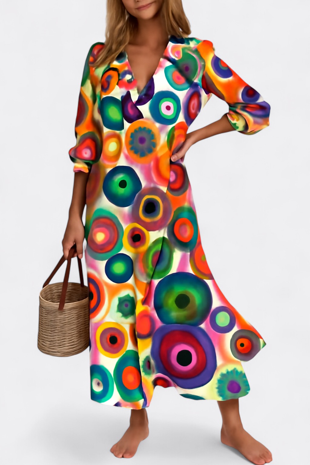 Celia’s Maxi Shirt Dress with V-Neckline and Patchwork Print