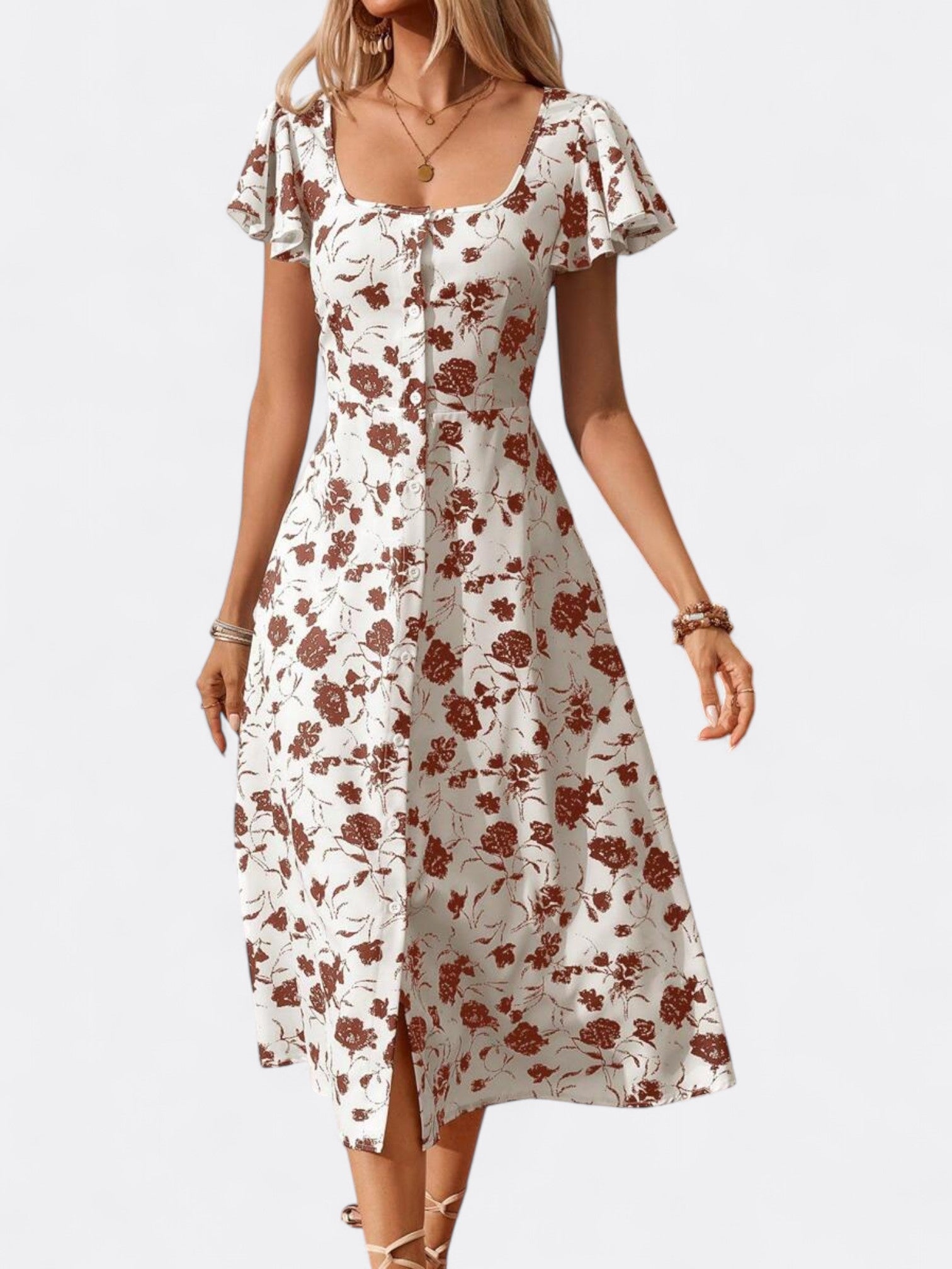 Cielle | Women's Floral Summer Button Front Dress | Ruffle Sleeve