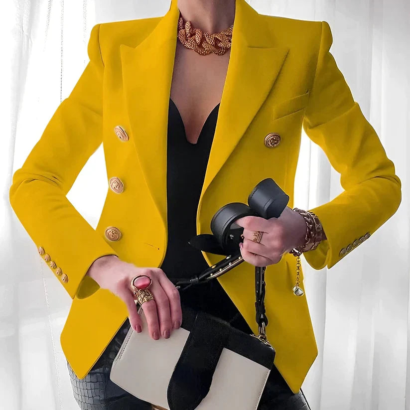 Cindy's Double-Breasted Blazer with Gold Buttons and Tailored Fit