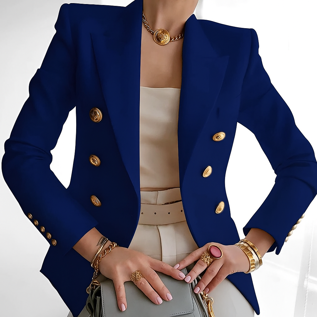 Cindy's Double-Breasted Blazer with Gold Buttons and Tailored Fit
