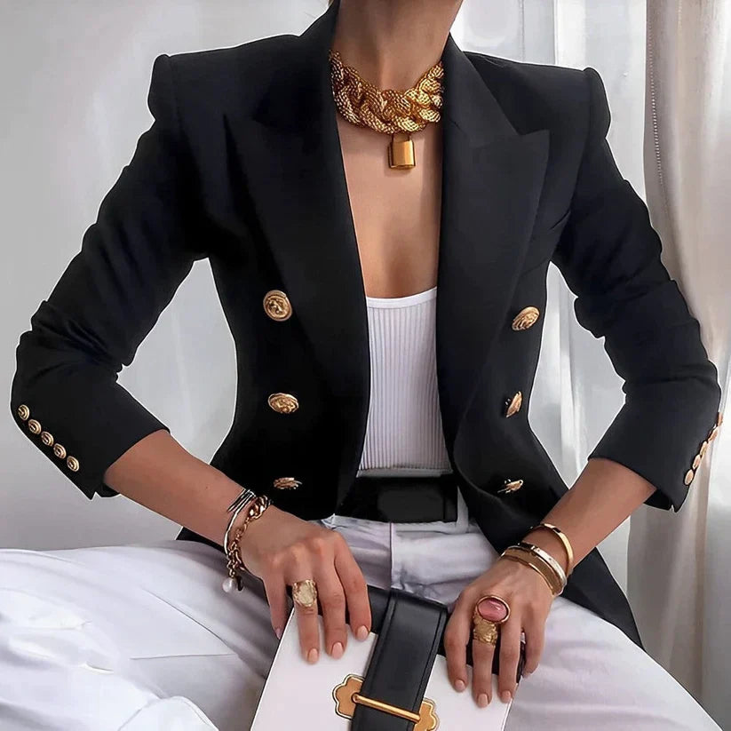 Cindy's Double-Breasted Blazer with Gold Buttons and Tailored Fit