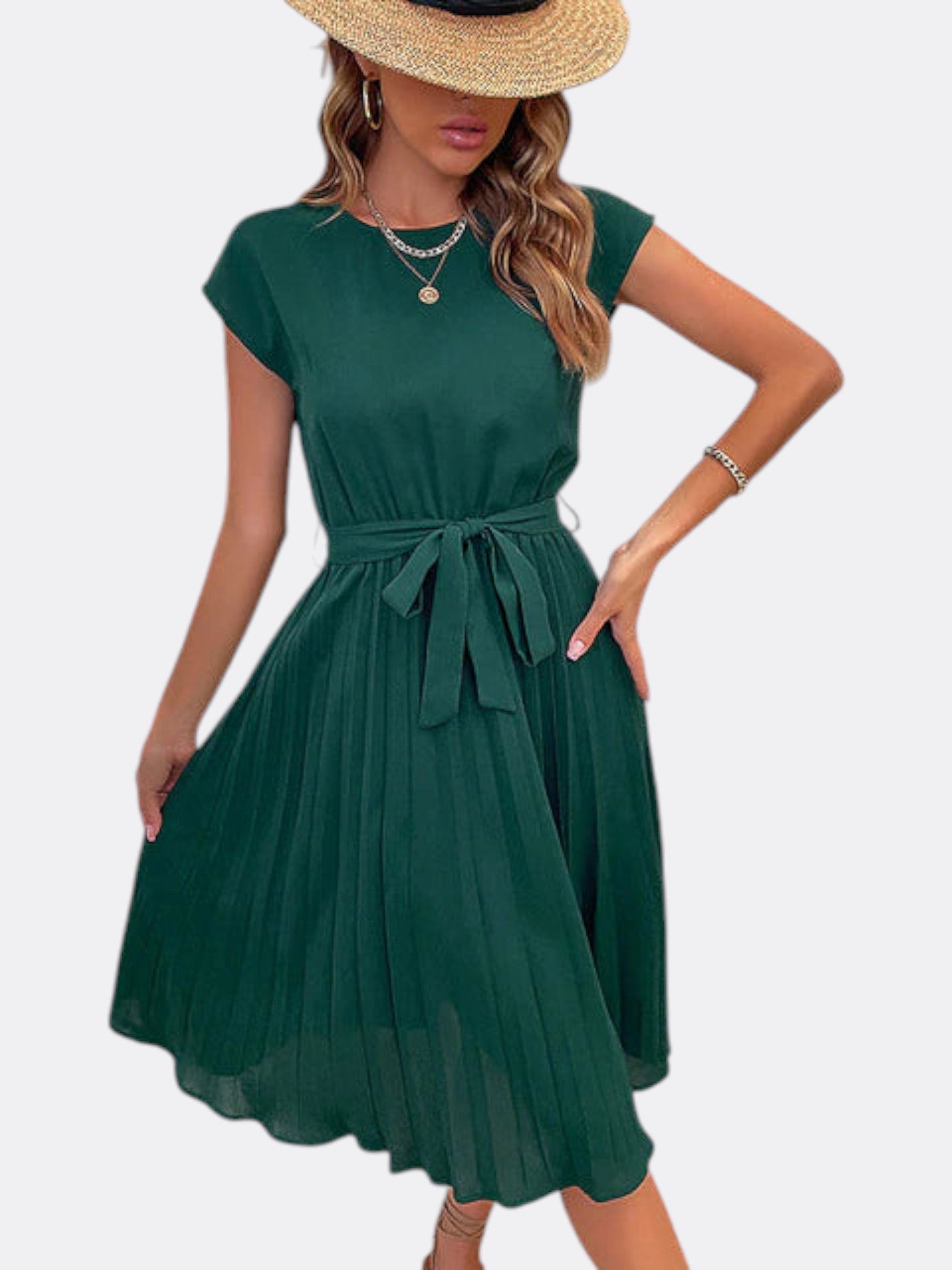Clair’s Short-Sleeved Pleated Casual Mini Dress with Lightweight Comfort