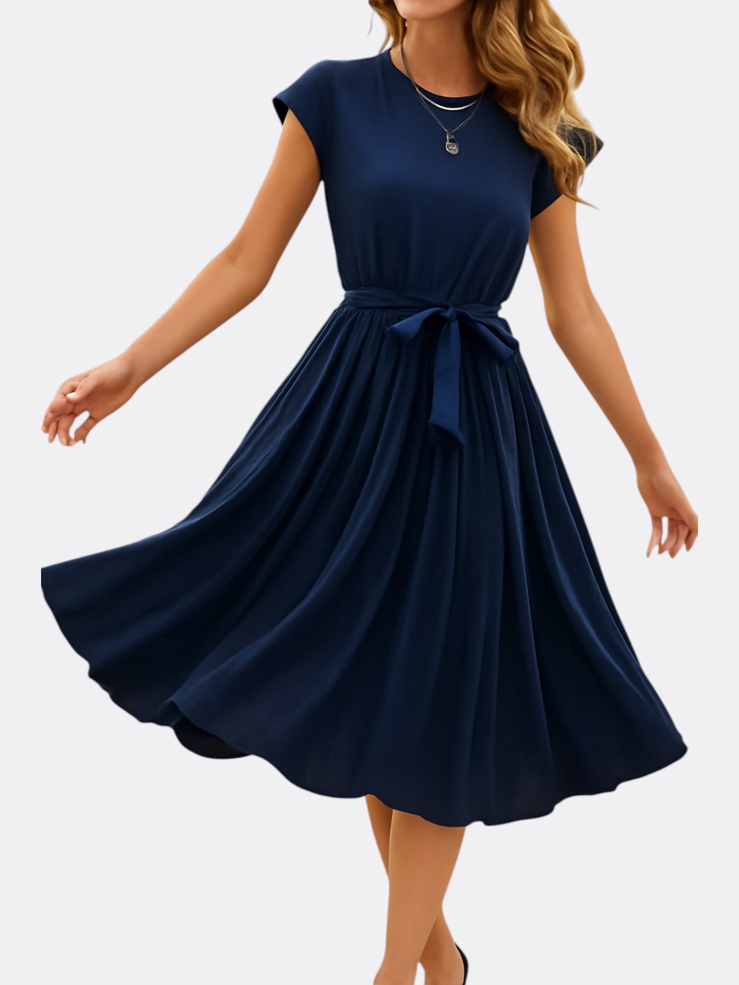 Clair’s Short-Sleeved Pleated Casual Mini Dress with Lightweight Comfort