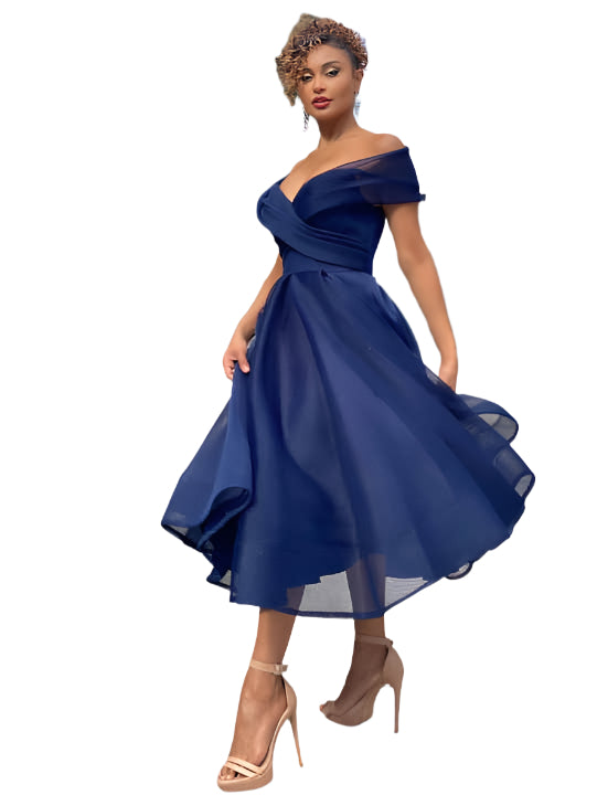 Elena's Off-Shoulder Midi Dress with Flared Skirt Design