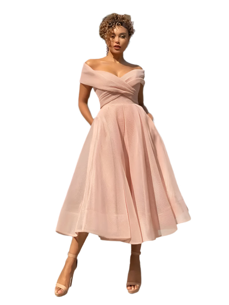 Elena's Off-Shoulder Midi Dress with Flared Skirt Design