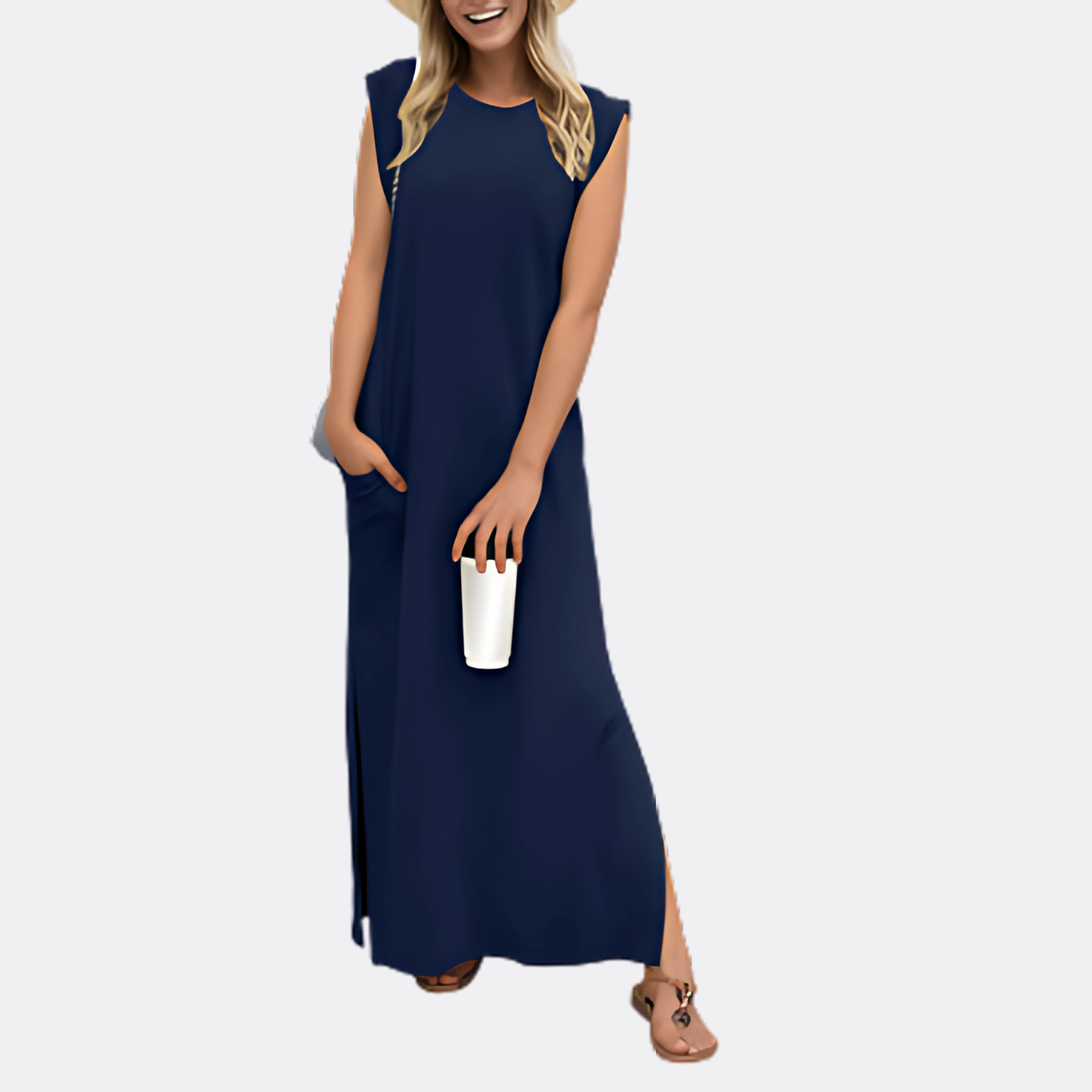 Emma's Casual Sleeveless Dress with Side Slit and Pockets