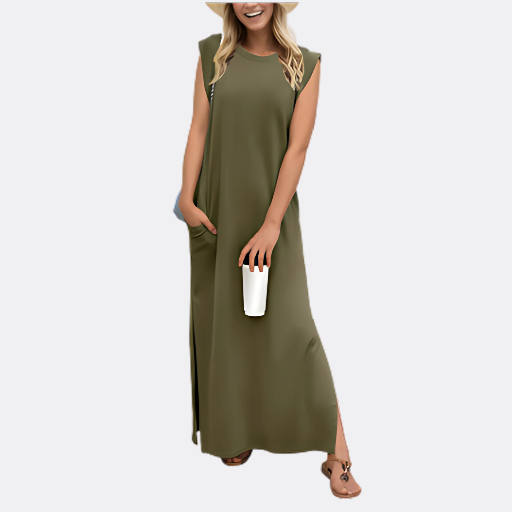 Emma's Casual Sleeveless Dress with Side Slit and Pockets