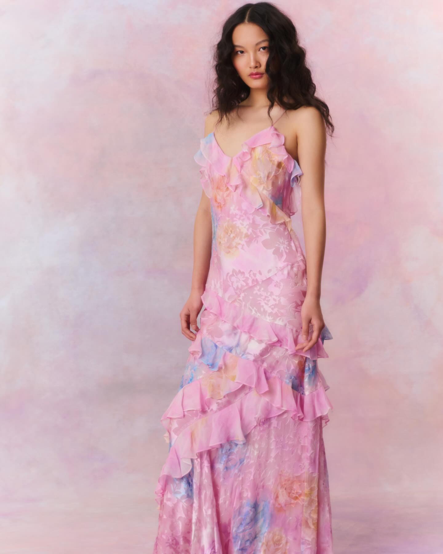 Lorelei’s Fairy Fantasy Maxi Dress with V-Neckline and Asymmetrical Ruffles
