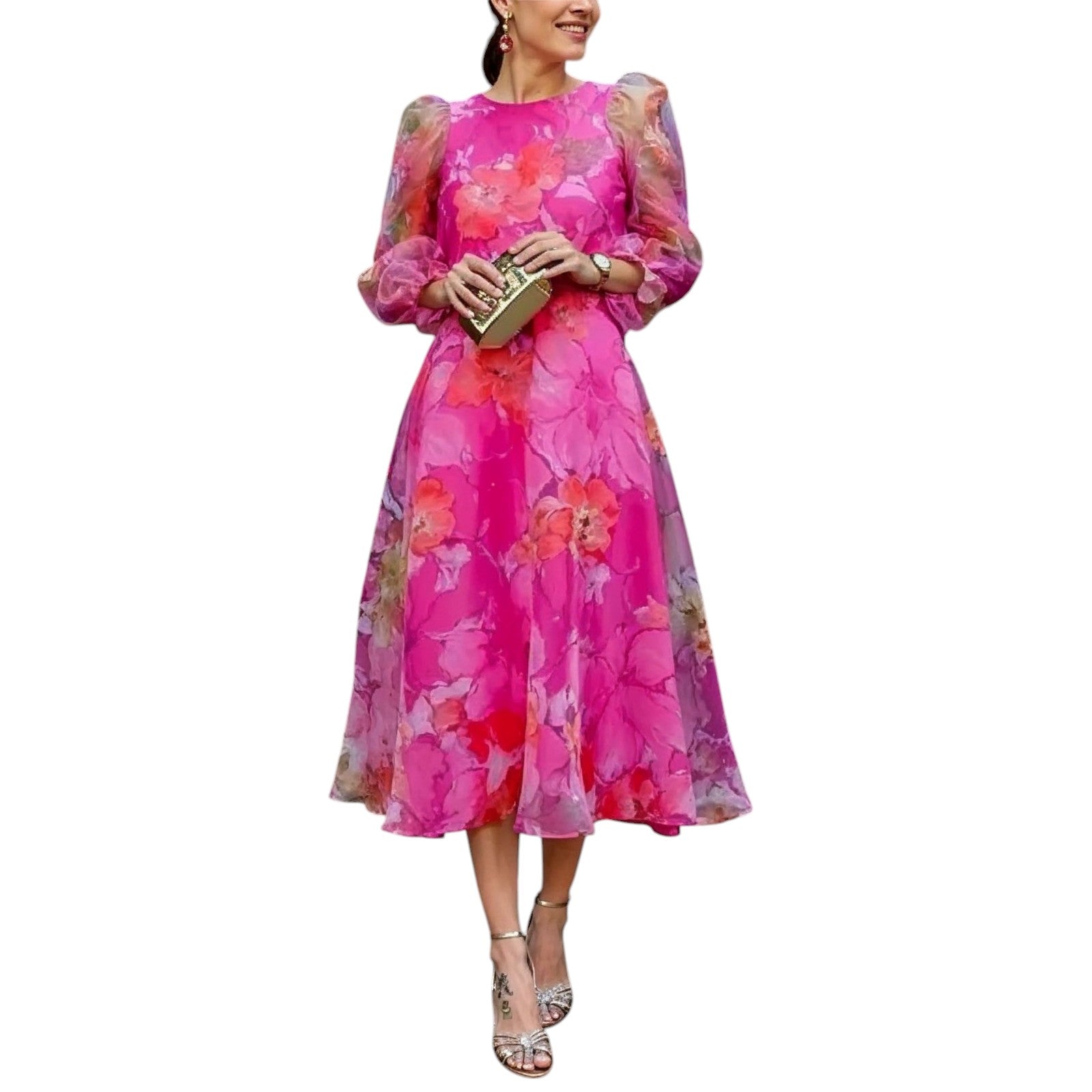 Fatima's Floral Midi Dress with Puff Sleeves and A-Line Silhouette