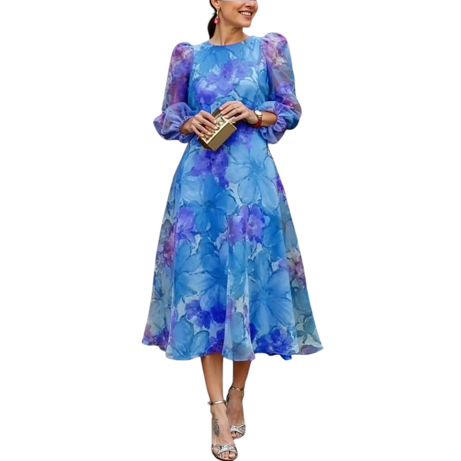 Fatima's Floral Midi Dress with Puff Sleeves and A-Line Silhouette