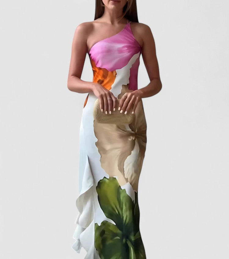 Freya's Empire Waist Dress with Patchwork Detail and Asymmetric Neckline