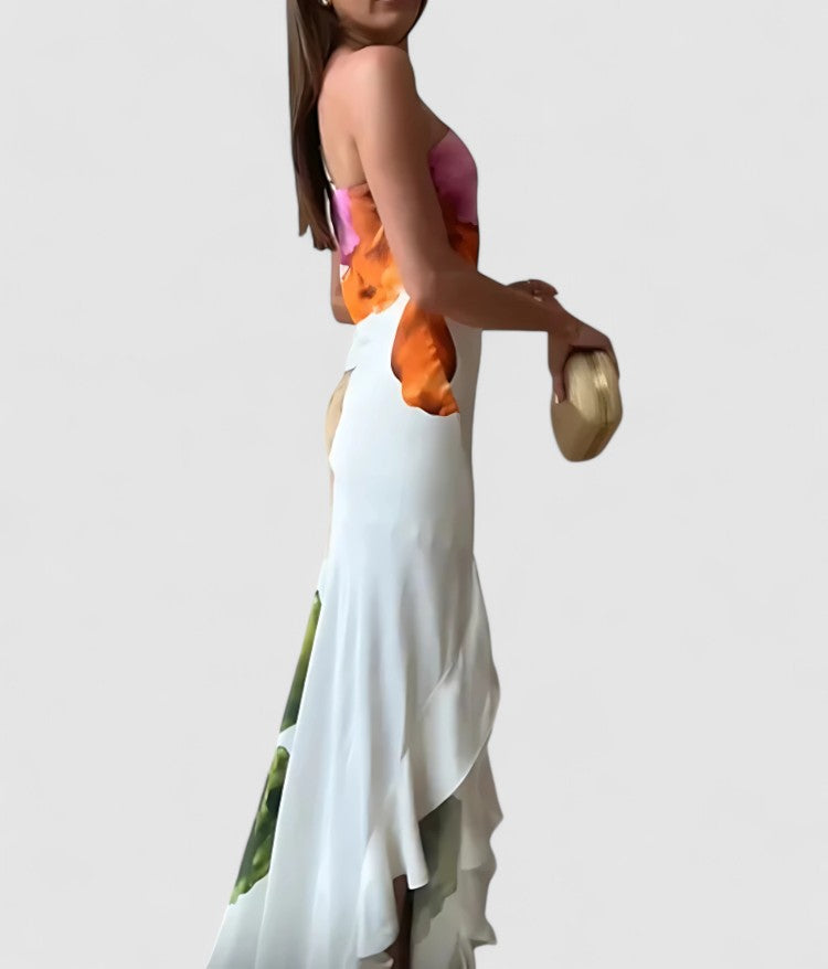 Freya's Empire Waist Dress with Patchwork Detail and Asymmetric Neckline