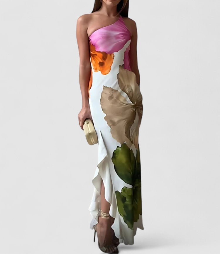 Freya's Empire Waist Dress with Patchwork Detail and Asymmetric Neckline