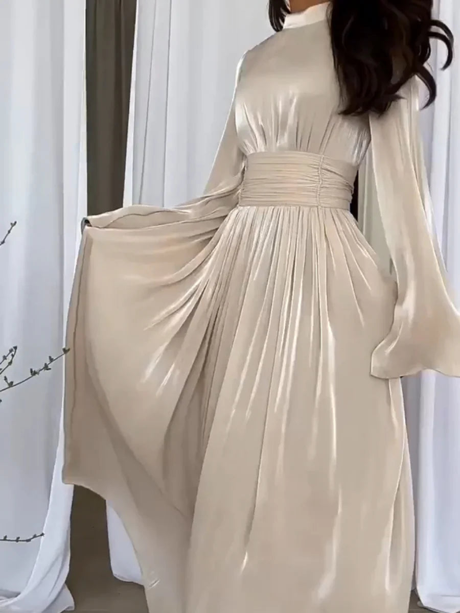 Gaia's Long Puff Sleeve Dress with High Collar and Belted Waist