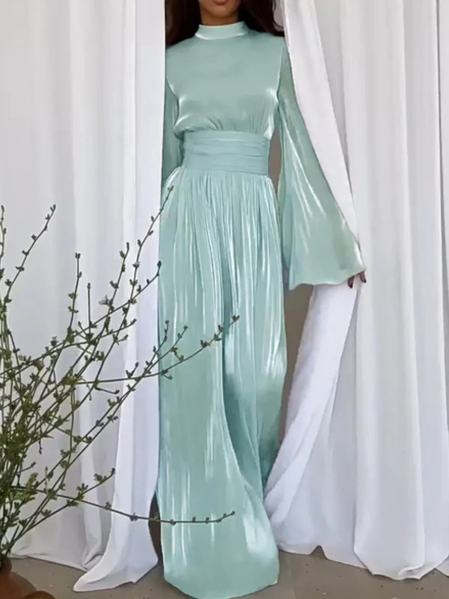 Gaia's Long Puff Sleeve Dress with High Collar and Belted Waist