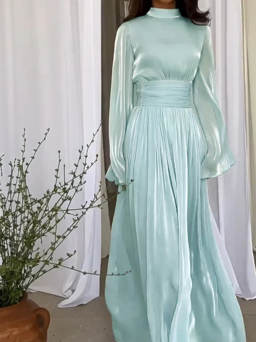 Gaia's Long Puff Sleeve Dress with High Collar and Belted Waist