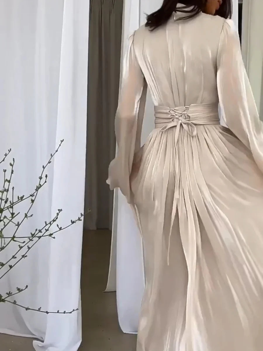 Gaia's Long Puff Sleeve Dress with High Collar and Belted Waist