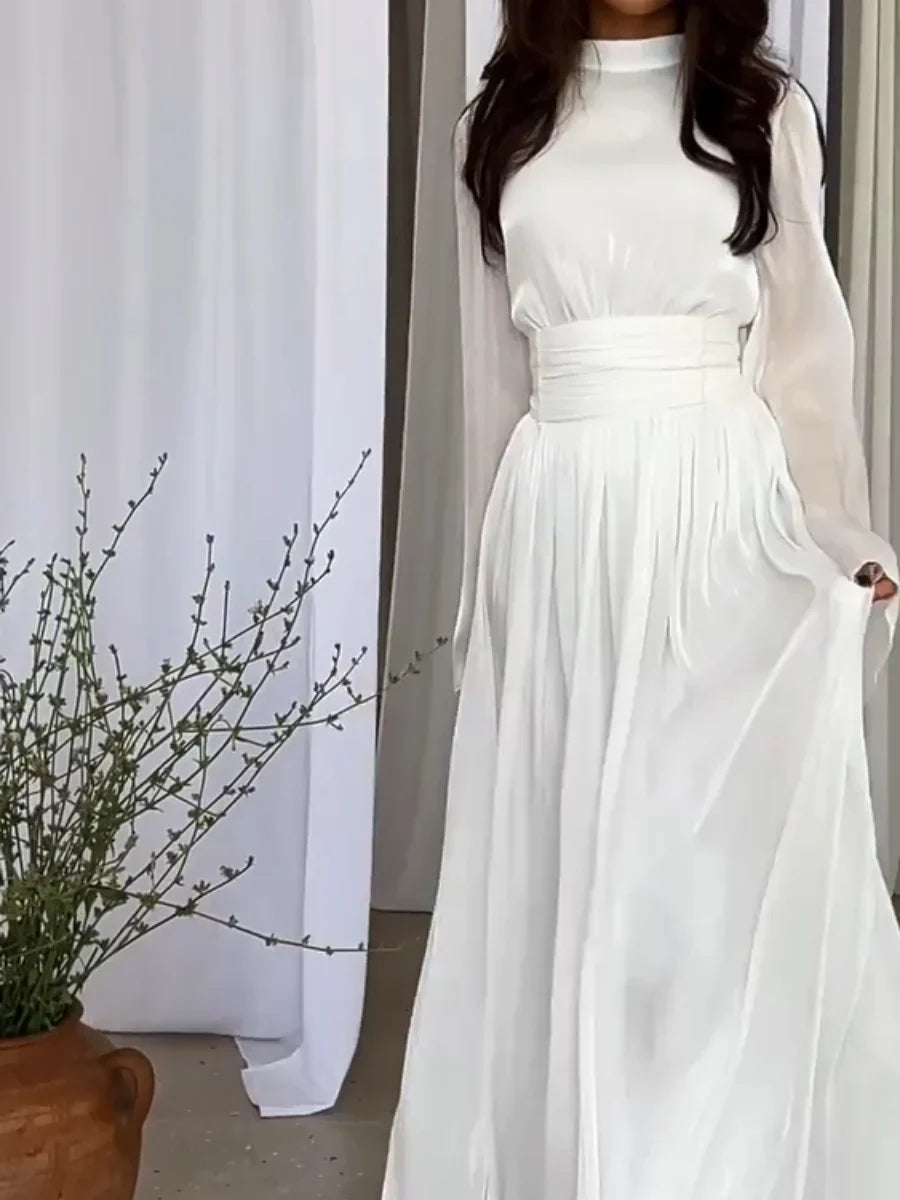 Gaia's Long Puff Sleeve Dress with High Collar and Belted Waist