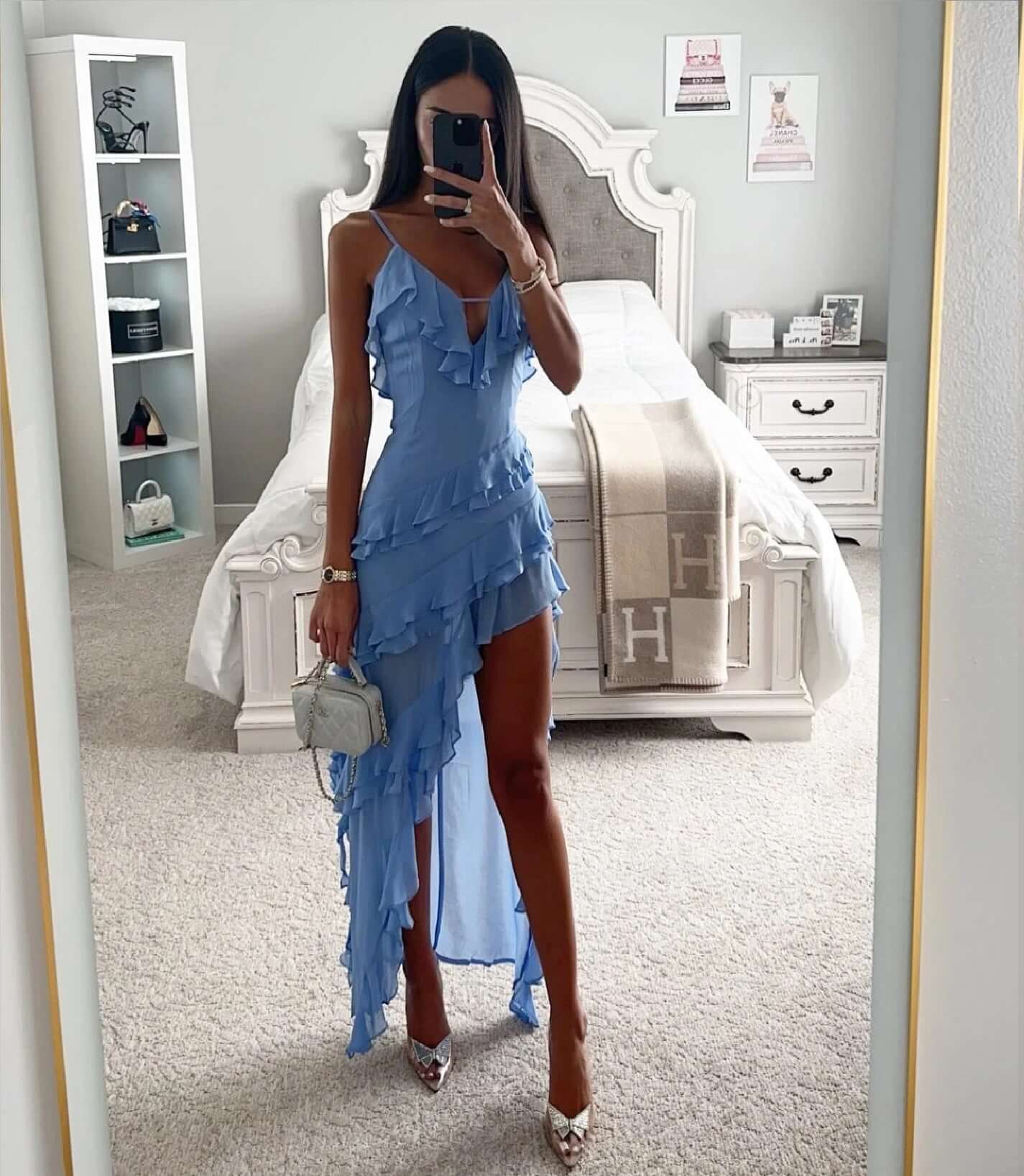 Isla's Ruffled Asymmetrical Maxi Dress with High Slit