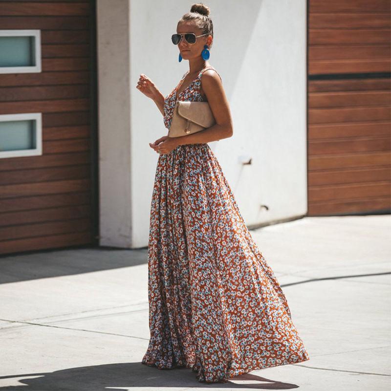 Juno's Bohemian Long Dress with V-Neck and Adjustable Belt
