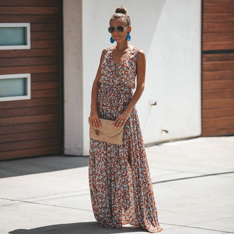 Juno's Bohemian Long Dress with V-Neck and Adjustable Belt