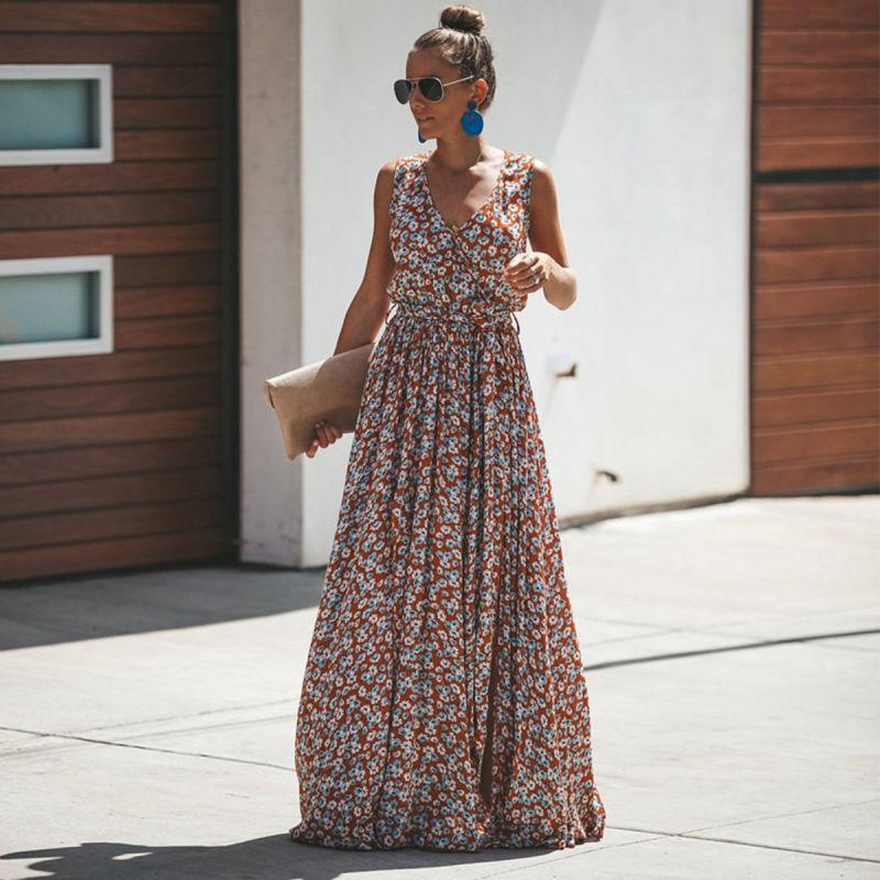 Juno's Bohemian Long Dress with V-Neck and Adjustable Belt