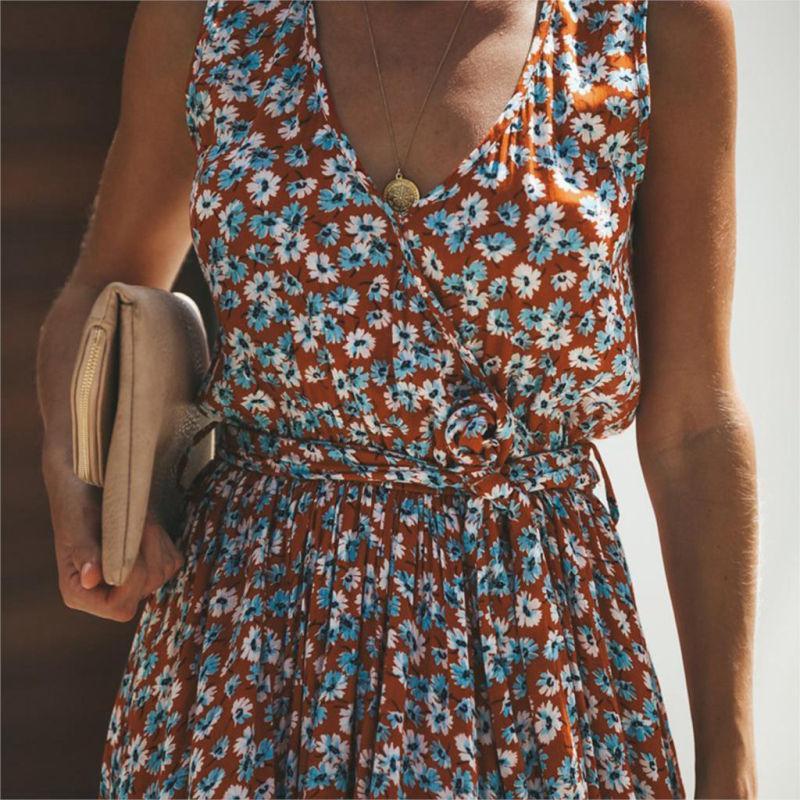 Juno's Bohemian Long Dress with V-Neck and Adjustable Belt