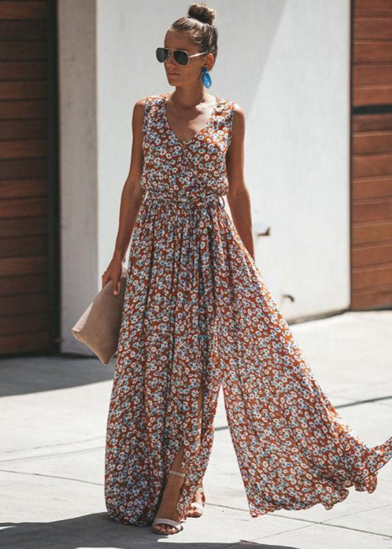 Juno's Bohemian Long Dress with V-Neck and Adjustable Belt