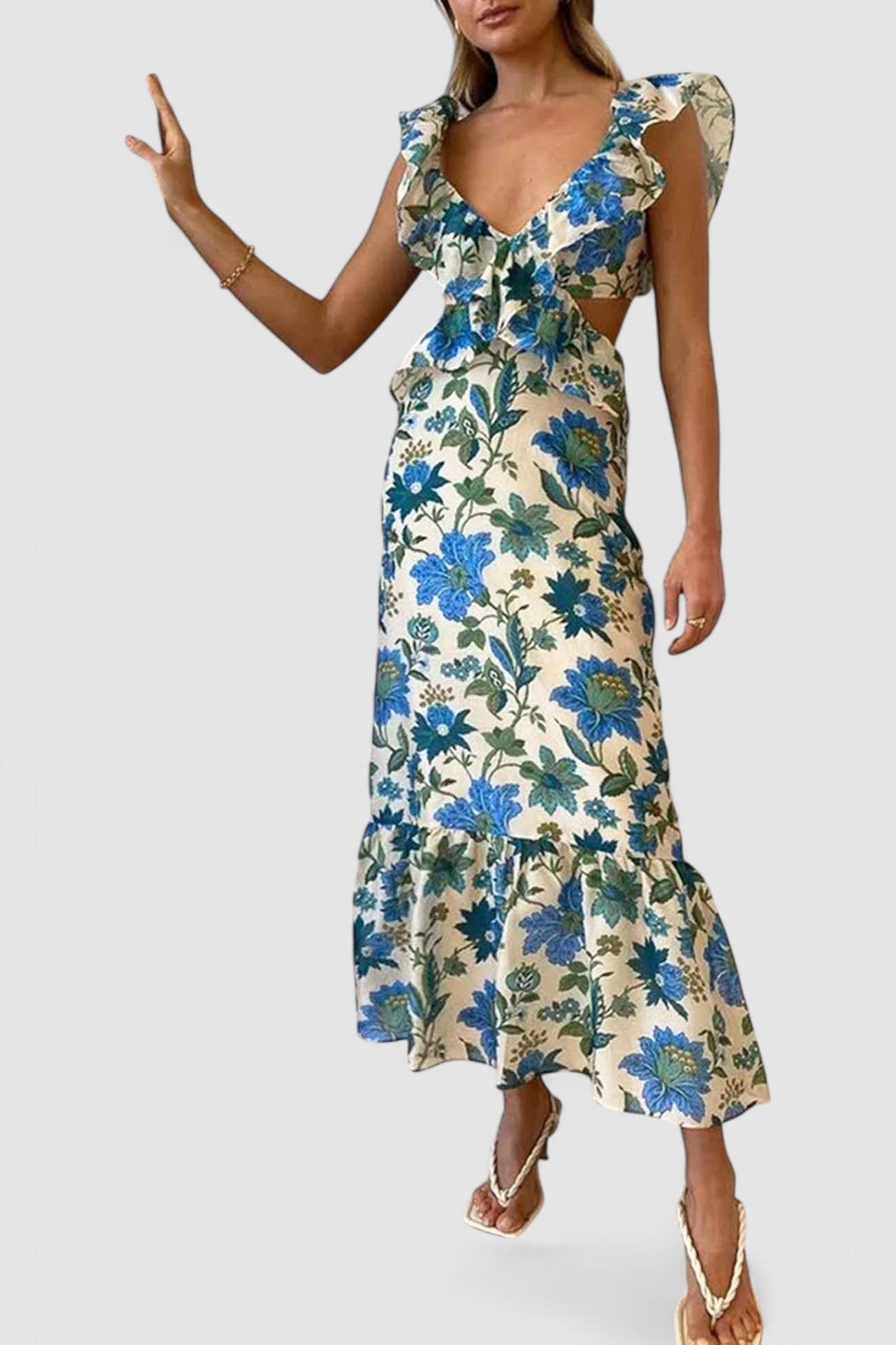Maelle's Maxi Dress with Ruffle Straps and V-Neckline