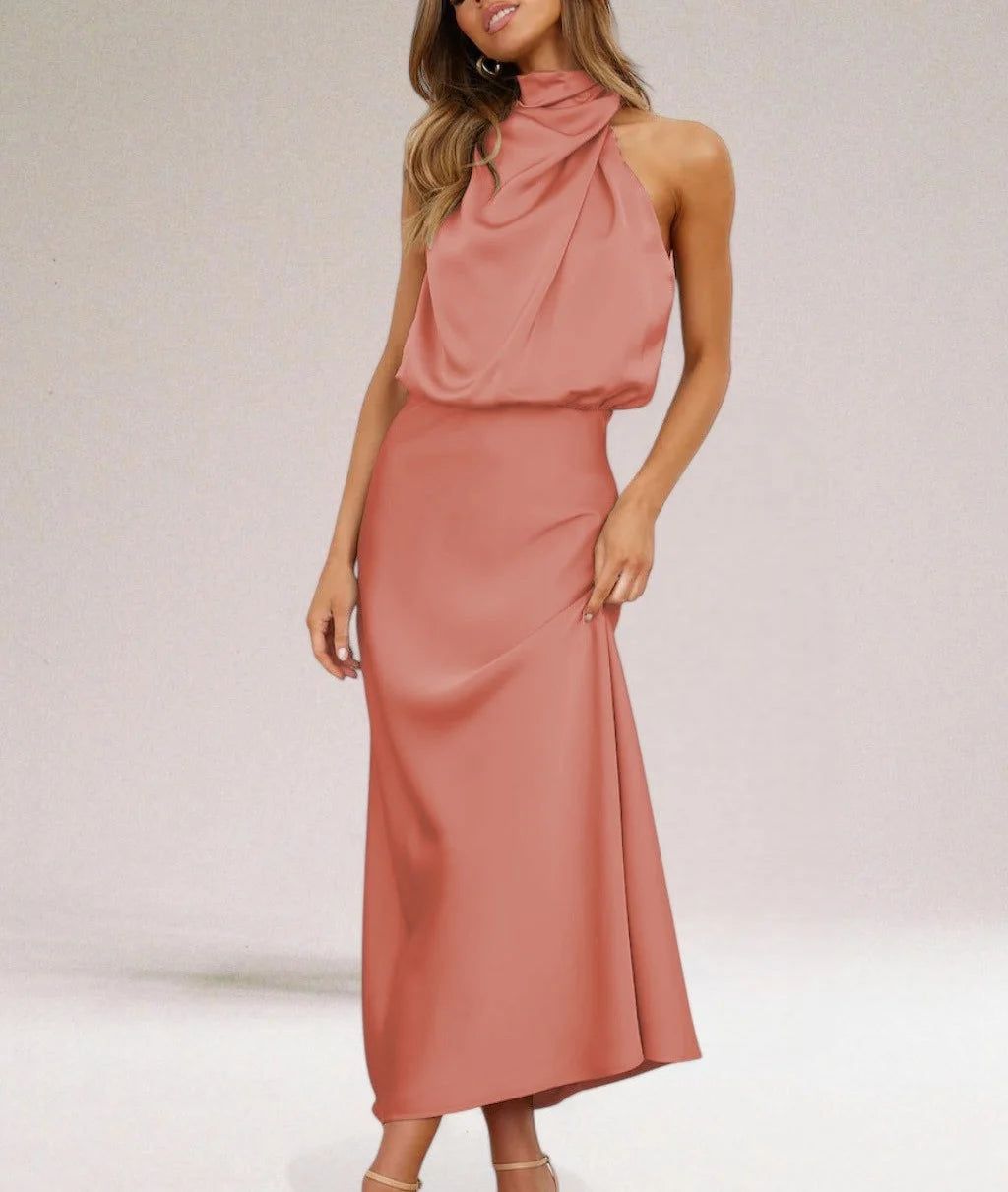 Marisse's Halter Dress with Elegant Shine and Fluid Silhouette