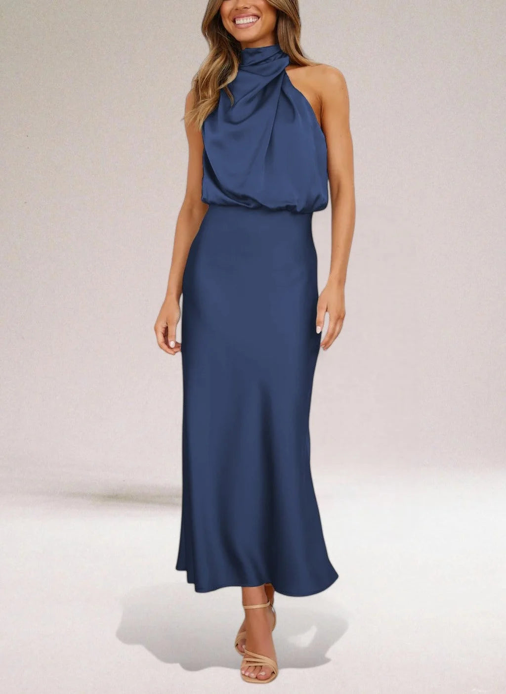 Marisse's Halter Dress with Elegant Shine and Fluid Silhouette