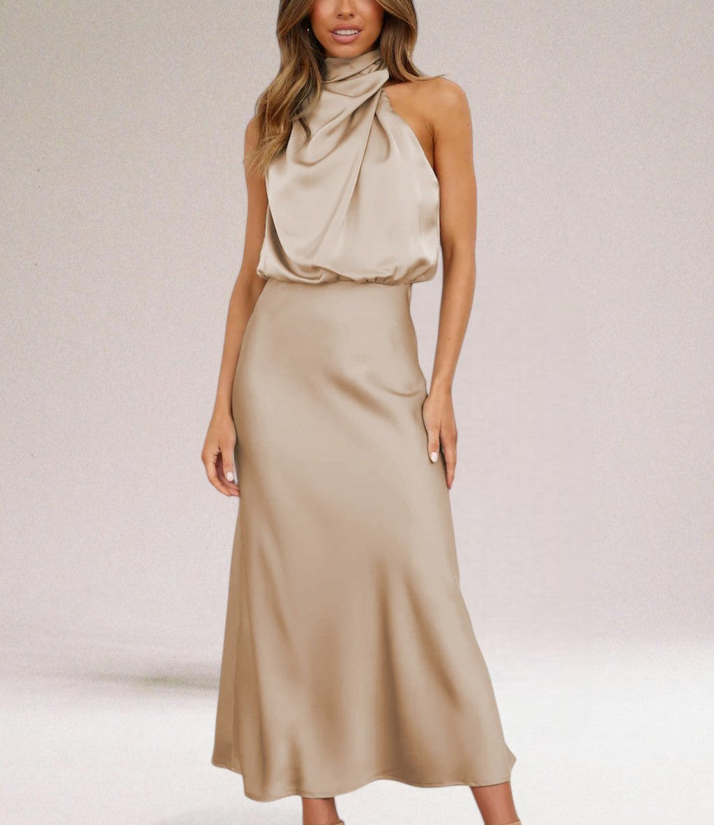 Marisse's Halter Dress with Elegant Shine and Fluid Silhouette