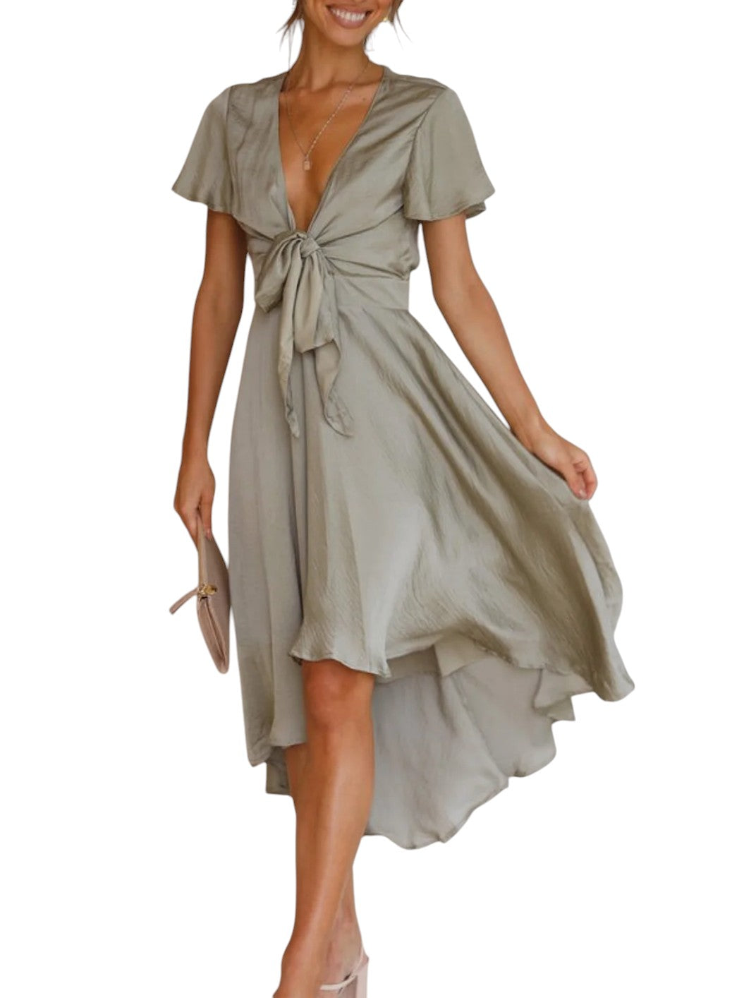 Michelle's A-Line Tie Waist Midi Dress with V-neck and Ruffle Detail