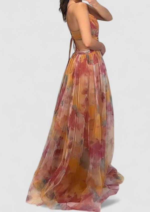Nerina's Floral Maxi Dress with Adjustable Tie and Flowy Silhouette
