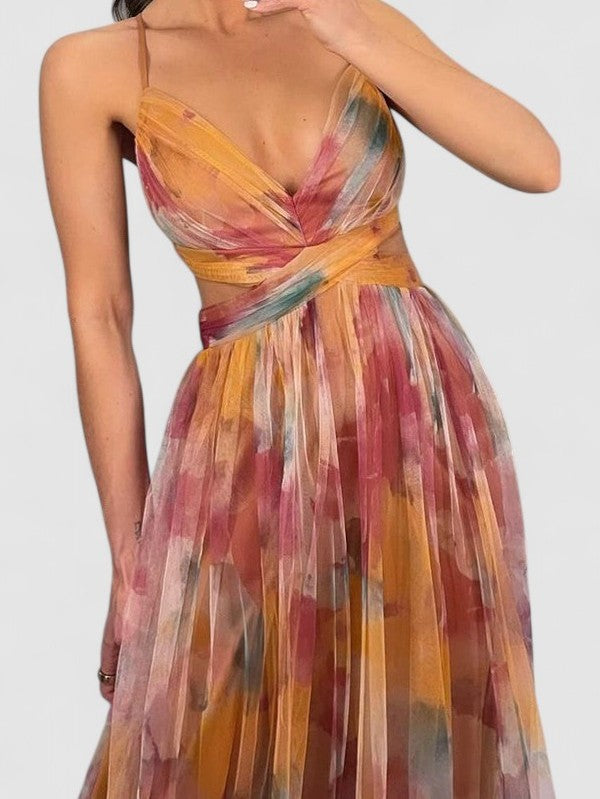 Nerina's Floral Maxi Dress with Adjustable Tie and Flowy Silhouette
