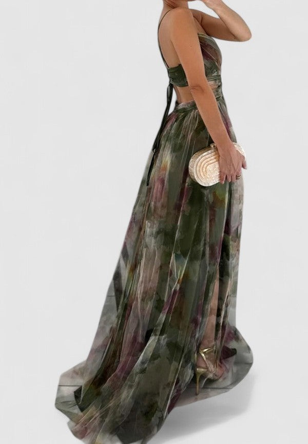 Nerina's Floral Maxi Dress with Adjustable Tie and Flowy Silhouette