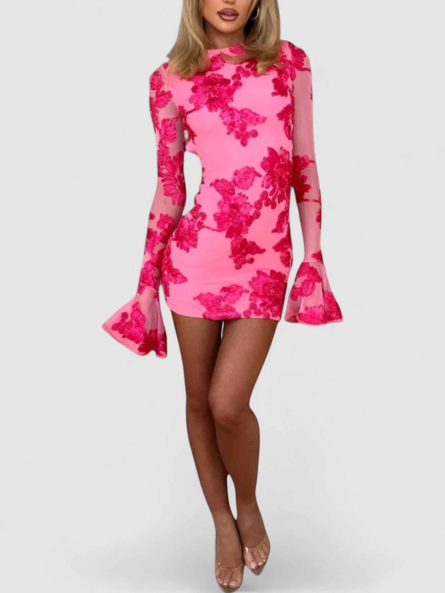 Rosalie’s Floral Embroidered Backless Mini Dress with Long Sleeves