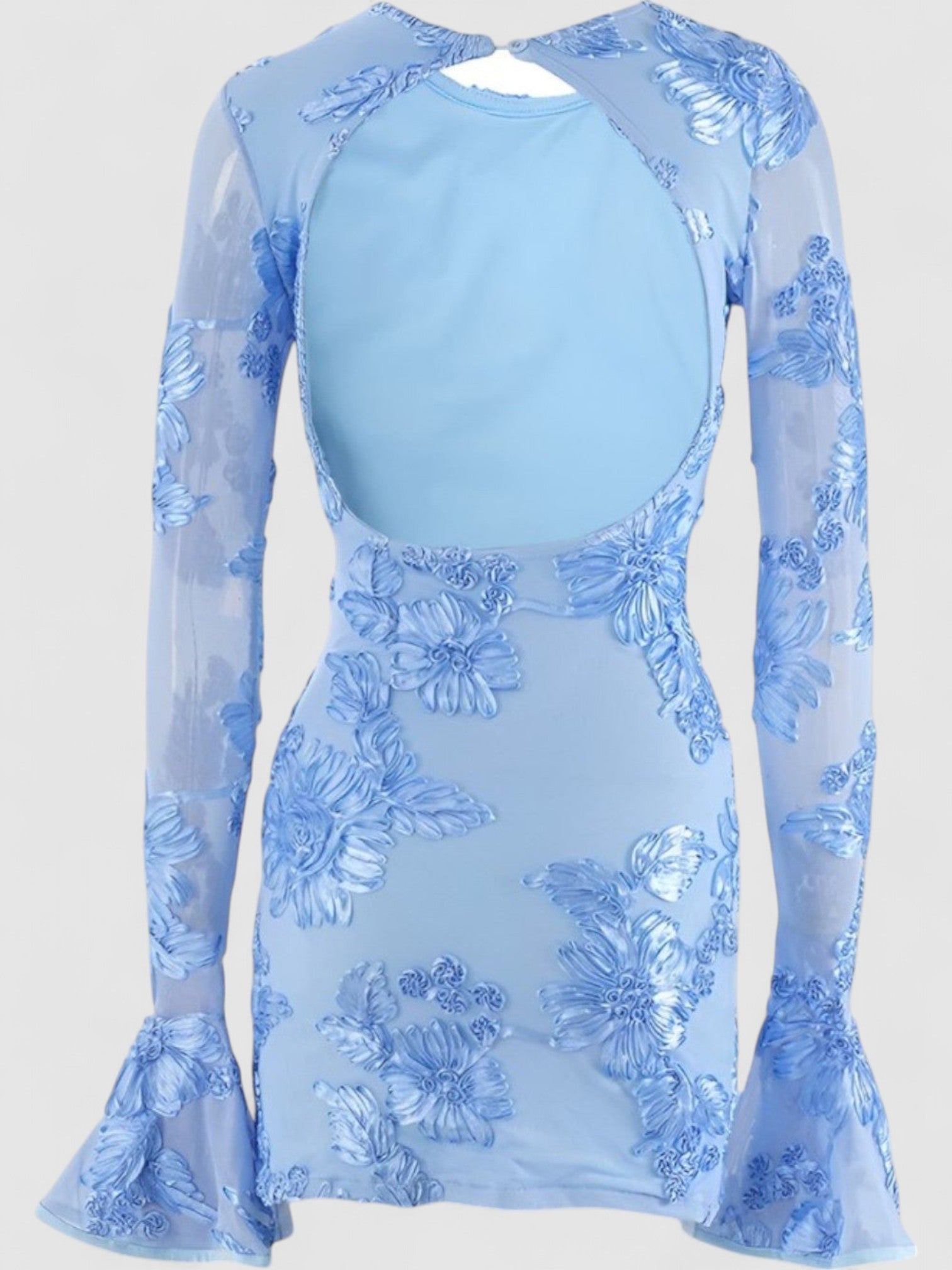 Rosalie’s Floral Embroidered Backless Mini Dress with Long Sleeves