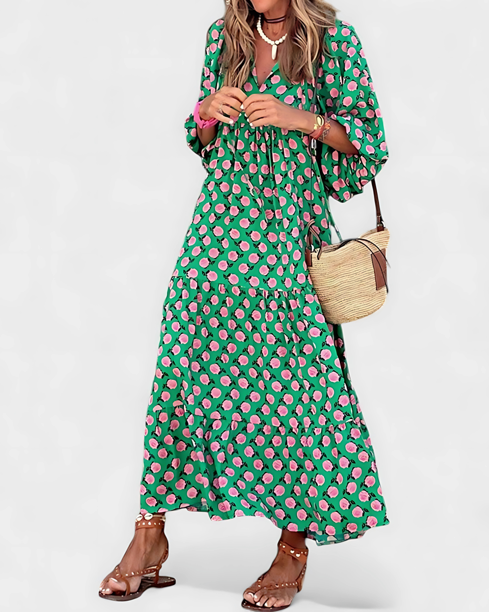 Solene's Bohemian Maxi Dress with Vibrant Print and V-Neckline