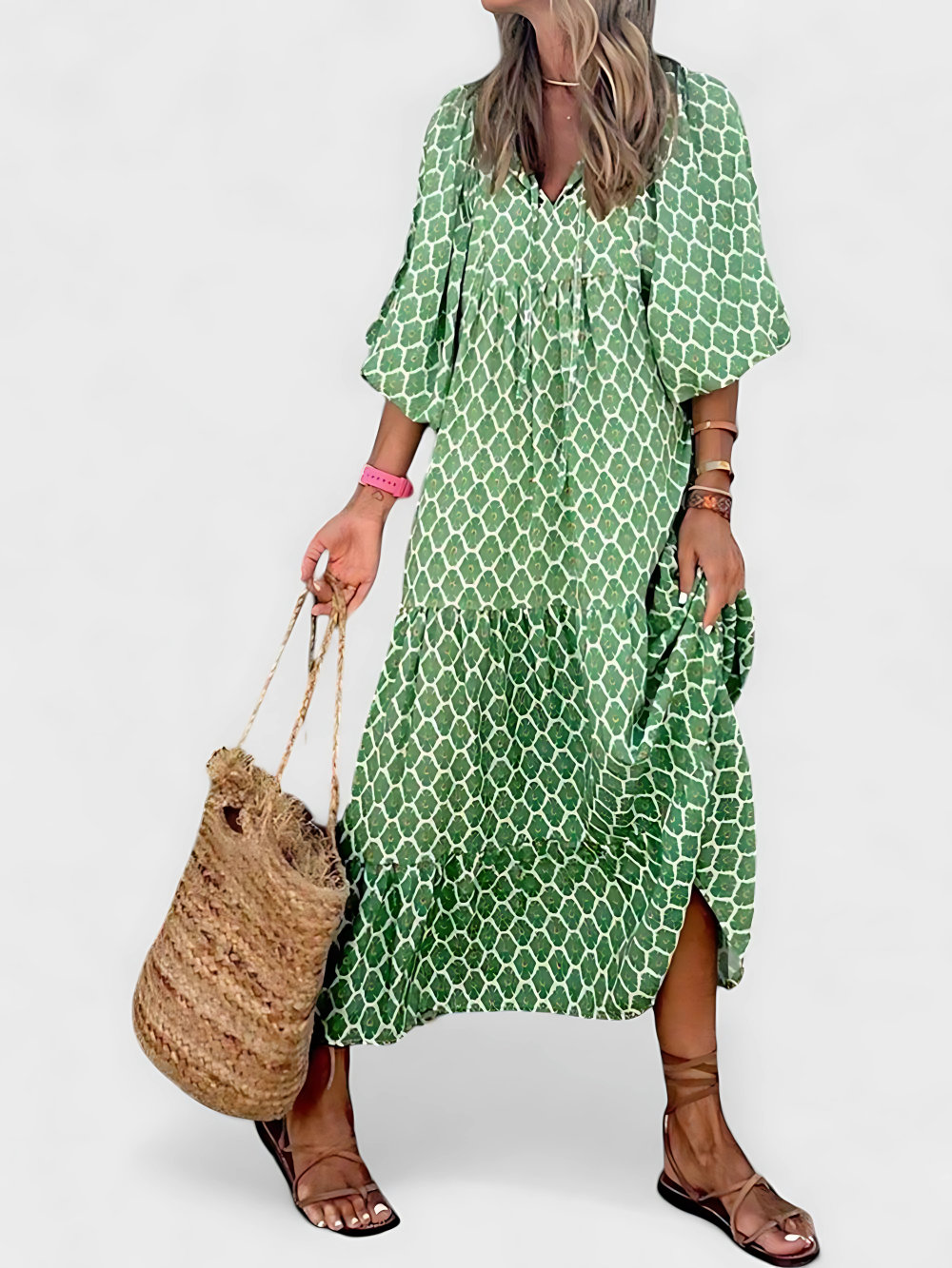 Solene's Bohemian Maxi Dress with Vibrant Print and V-Neckline