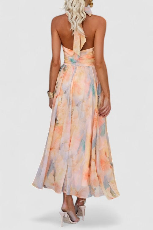 Thalia's Halter Neck Maxi Dress with Open Back and Watercolour Print
